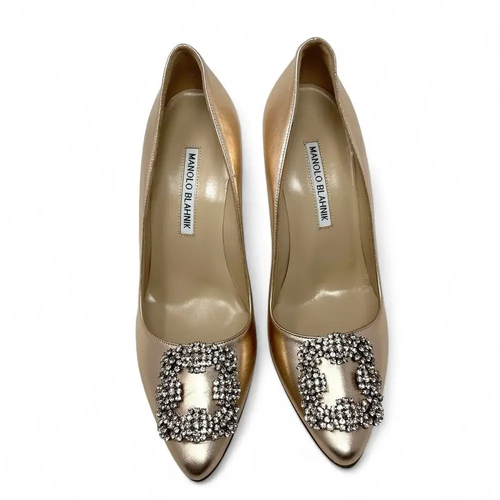 Manolo Blahnik Hangisi Rose Gold Metallic Leather Crystal Buckle Pump Heel EU 37 - Picture 3 of 14
